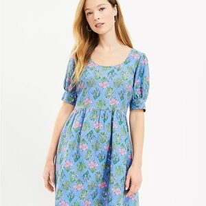 LOFT Blue Wildflower Floral Puff Sleeve Linen Blend Babydoll Mini Dress